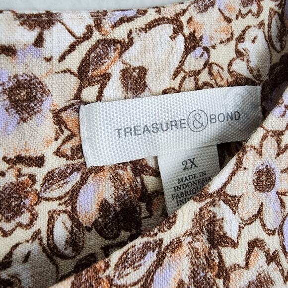 NEW Treasure & Bond Floral Flutter Sleeve Linen Blend Midi Dress Beige - Picture 2 of 11